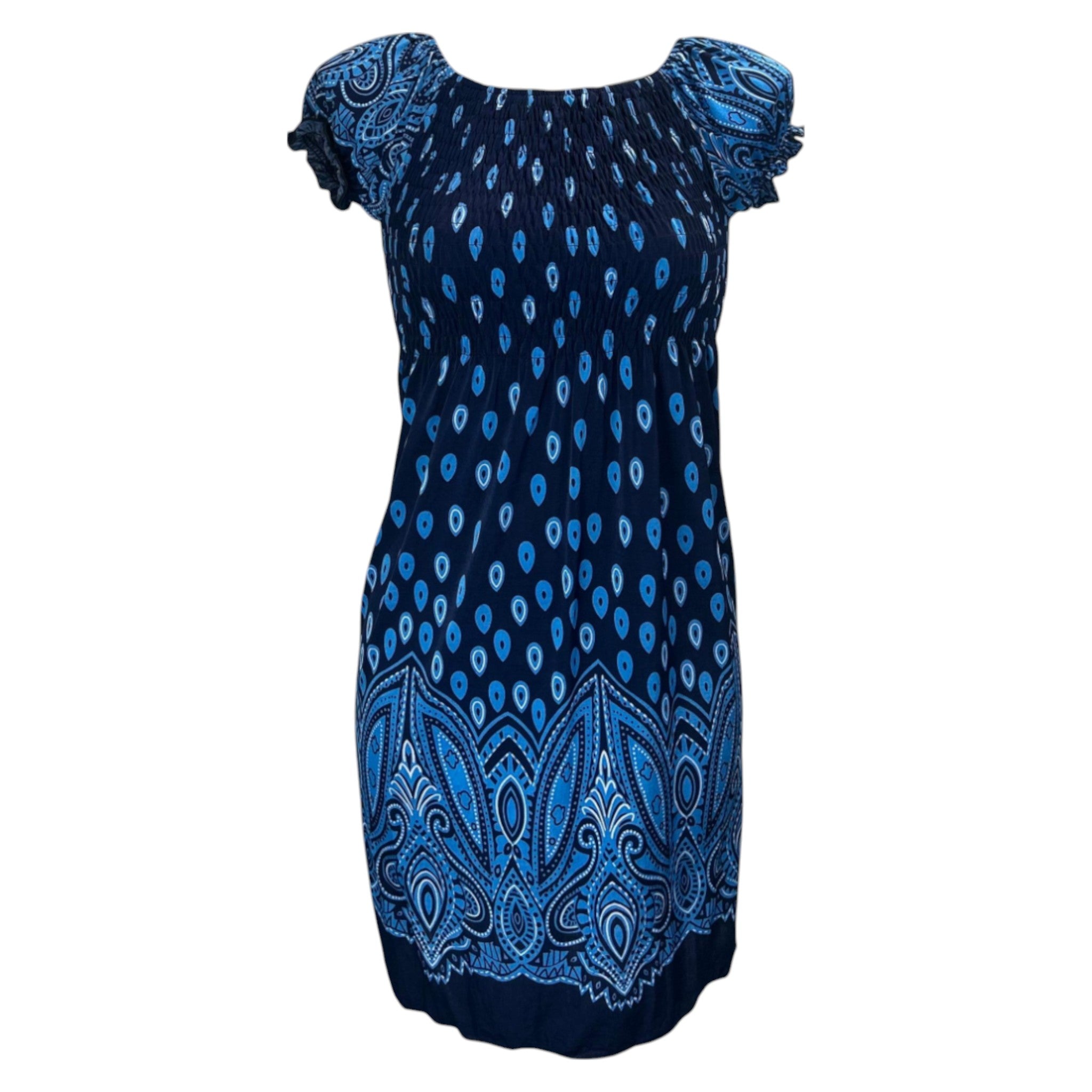 Women's navy and blue tropical print summer dress with flutter sleeves – lightweight casual beachwear outfit